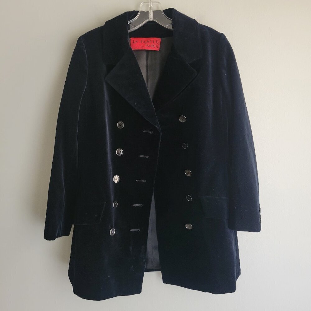 LA FLAQUE de PARIS Vintage Black Velvet Long Double Breasted Jacket - Picture 4 of 9